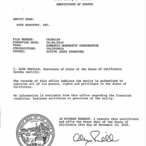 Secretary of State - Certificate of Status